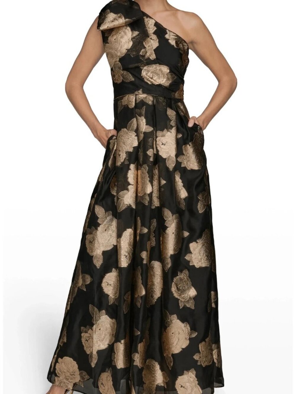 Donna Karan Black Gold One-Shoulder Metallic Jacquard Gown